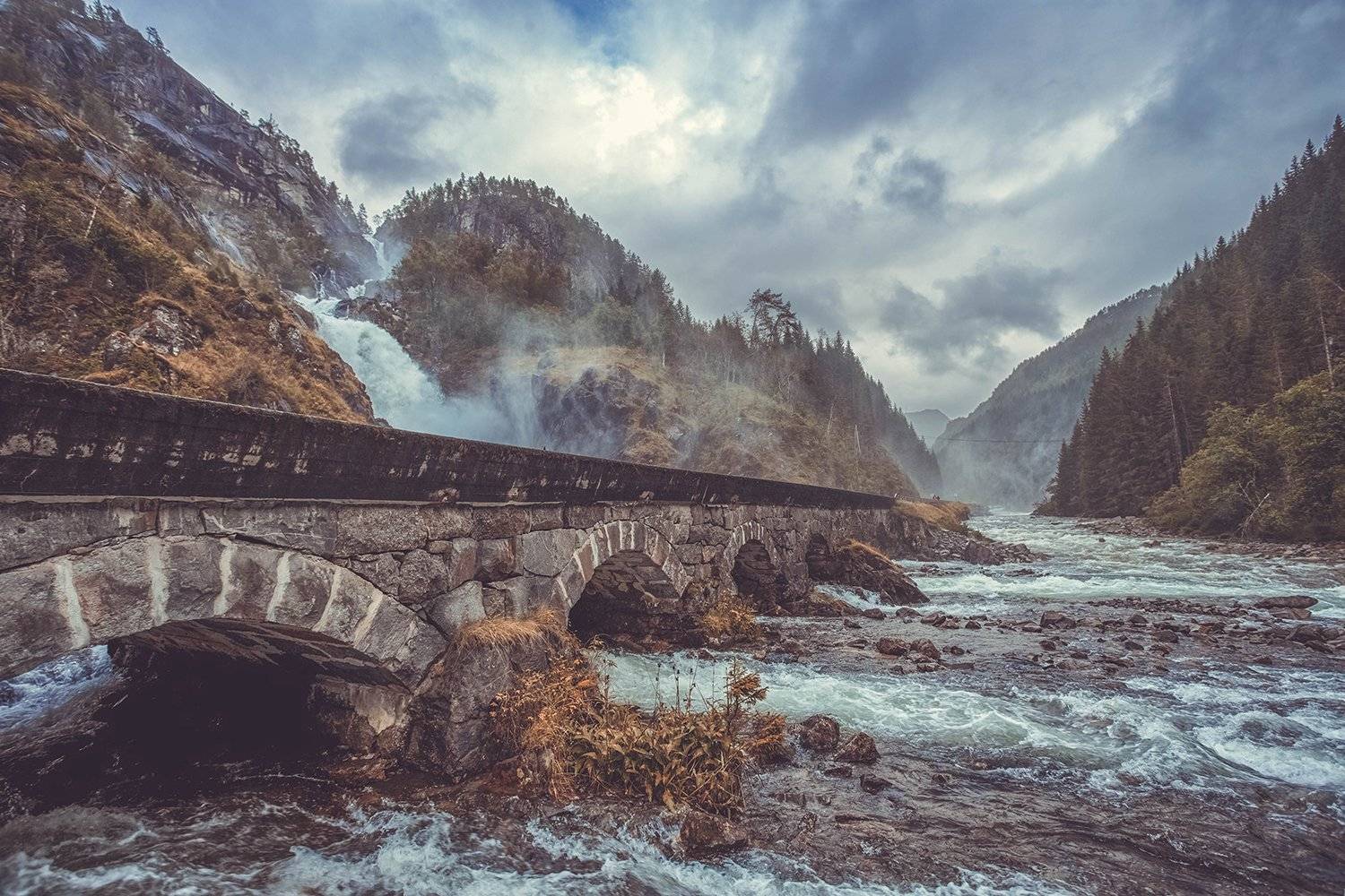 лотефоссен, норвегия, водопад, мост, река, дождь, Александр Смирнов