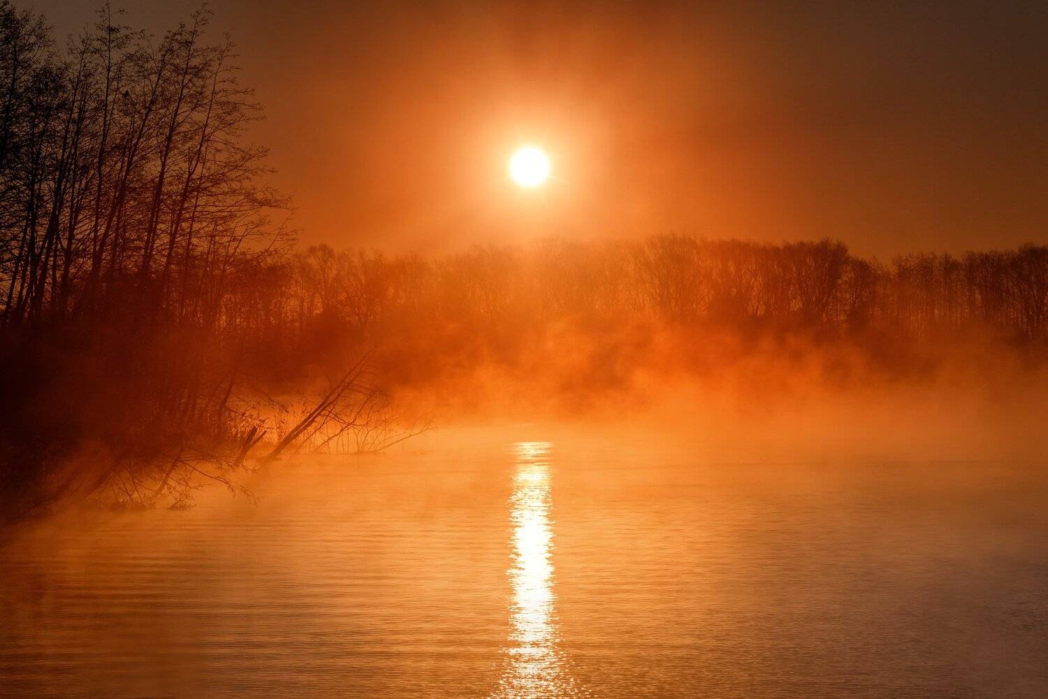 пейзаж, зима, шатура, рассвет, озеро, мороз, лед, вода, снег, деревья, красный, оранжевый, туман, пар, Андрей Чиж