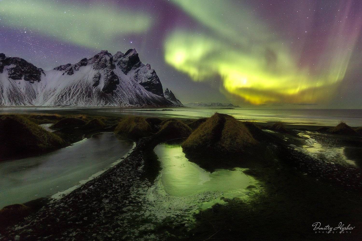 пейзаж, ночь, ночной пейзаж, северное сияние, аврора бореалис, исландия, вестрахорн, стоккнесс, океан, побережье, фототур, горы, природа, Dmitry Ilyshev