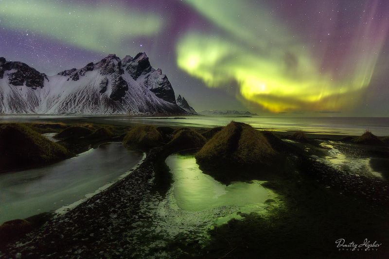 пейзаж, ночь, ночной пейзаж, северное сияние, аврора бореалис, исландия, вестрахорн, стоккнесс, океан, побережье, фототур, горы, природа одна волшебная ночь фото превью