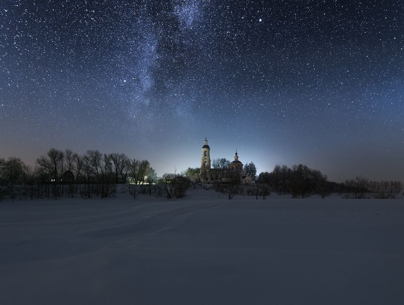 ночь, звезды, млечный путь, снег, мороз, село, Зимняя ночь. фото превью