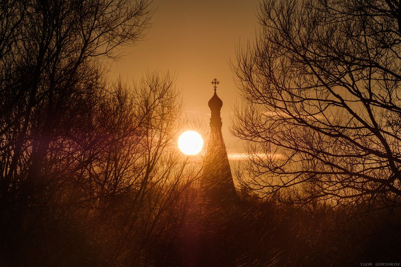 москва,медведково,храм,церковь,солнце,закат,март,купол,крест,пейзаж,архитектура,диск,ветки,деревья Мартовское солнце фото превью