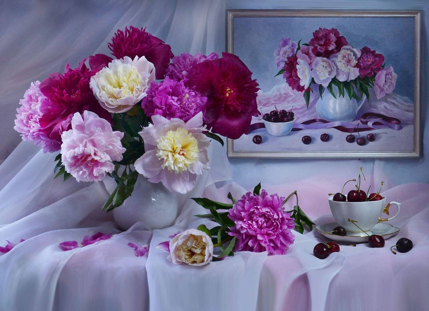 still life, натюрморт, ароматное чудо, белые ночи, живопись, картина маслом, пионы, световая кисть, фото натюрморт, цветы, черешня,, Колова Валентина