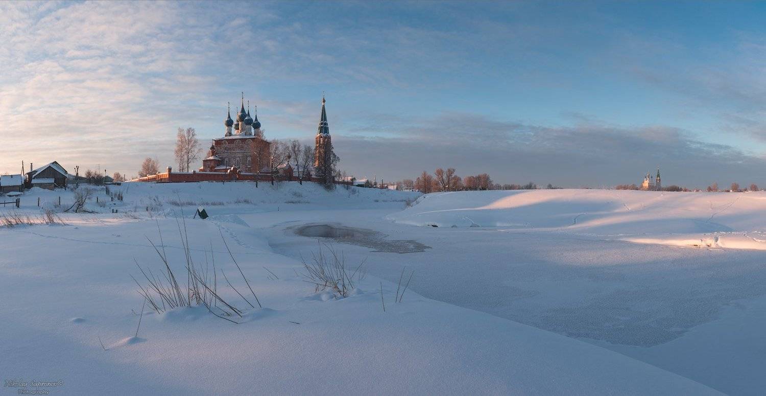 дунилово, теза, ивановская область, золотое кольцо, зима, зимний пейзаж, панорама, благовещенский собор, благовещенский монастырь, село, россия, Николай Сапронов