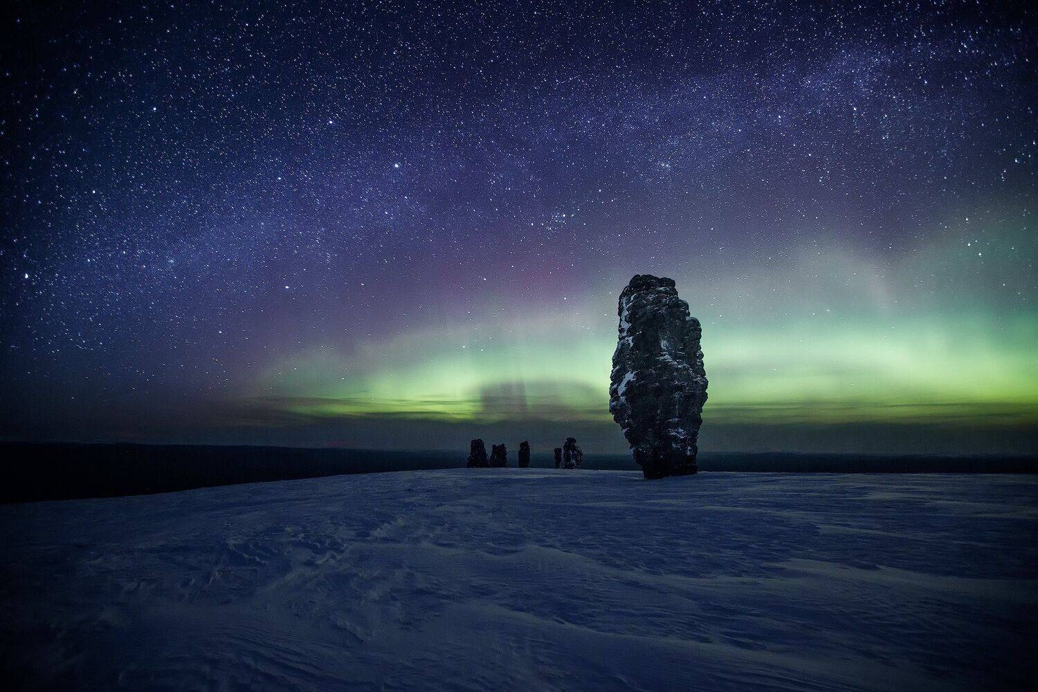 коми, северный урал, маньпупунёр, северное сияние, звёзды, зима, поход, пейзаж, снег, Владимир
