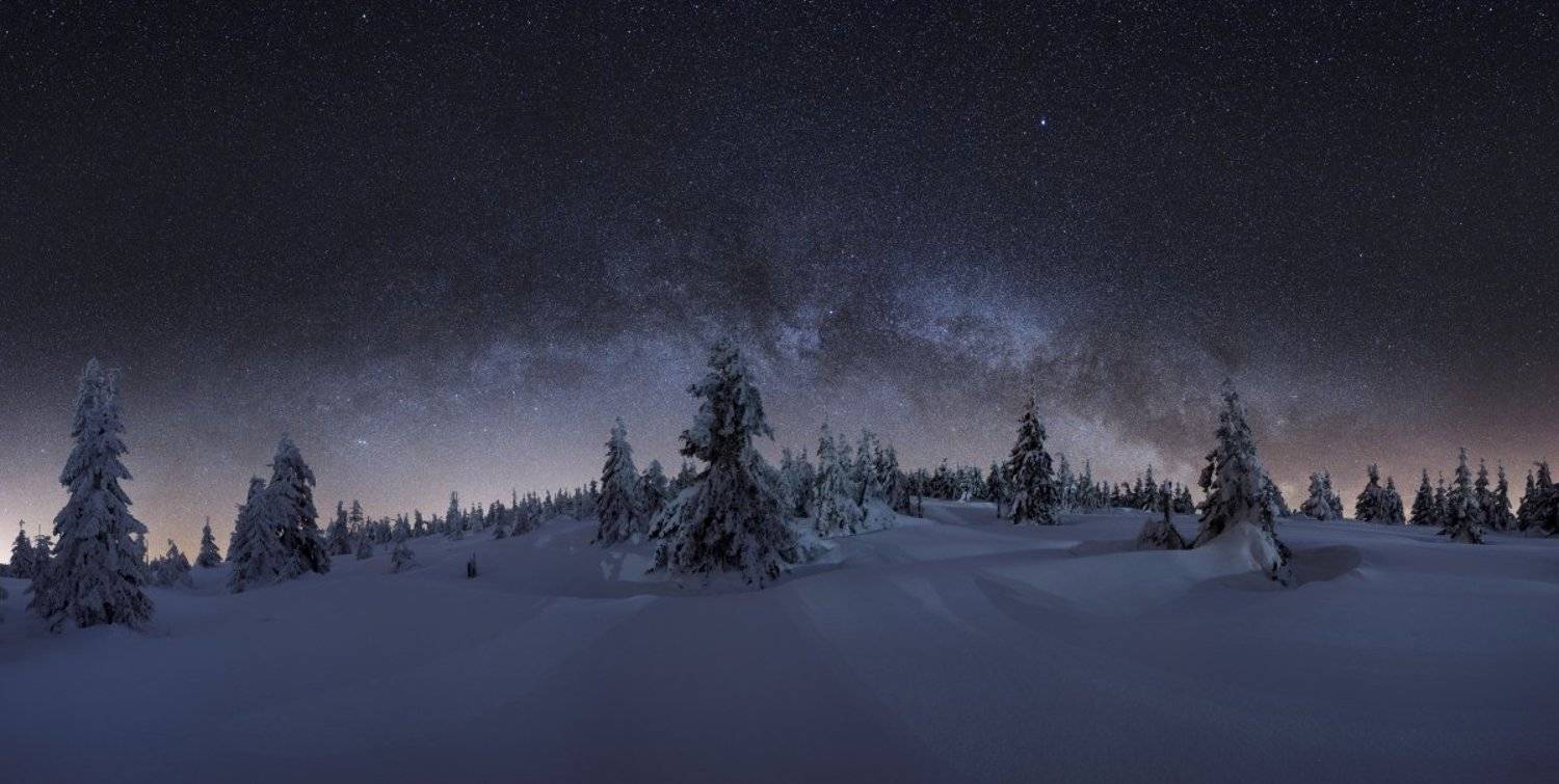 panorama, milkyway, stars, frozen, blue, galaxy, landscape, night, Jakub M&uuml;ller