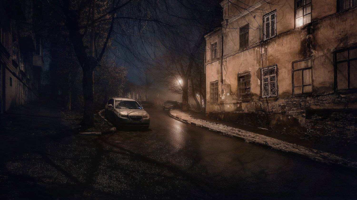город, ночь, провинция, туман, Алексей Ермаков