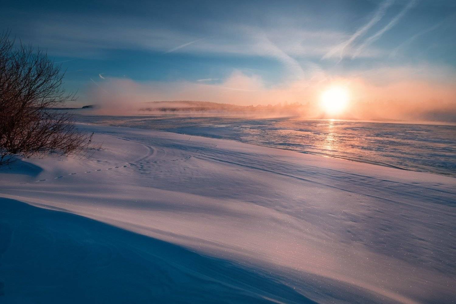 пейзаж, зима, река, туман, пар, лед, снег, утро, рассвет, восход, мороз, холод, волга, дубна, путешествие, Андрей Чиж