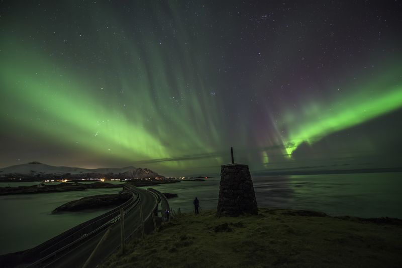 aurora, atlantic ocean road, atlanterhavsveien, norway, more og romsdal, night, landscape, stars, sky, green, bridge Atlantic Ocean Road фото превью