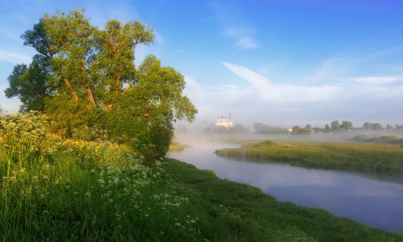 река, дерево, свет, лето, трава, храм Классическая  фото превью