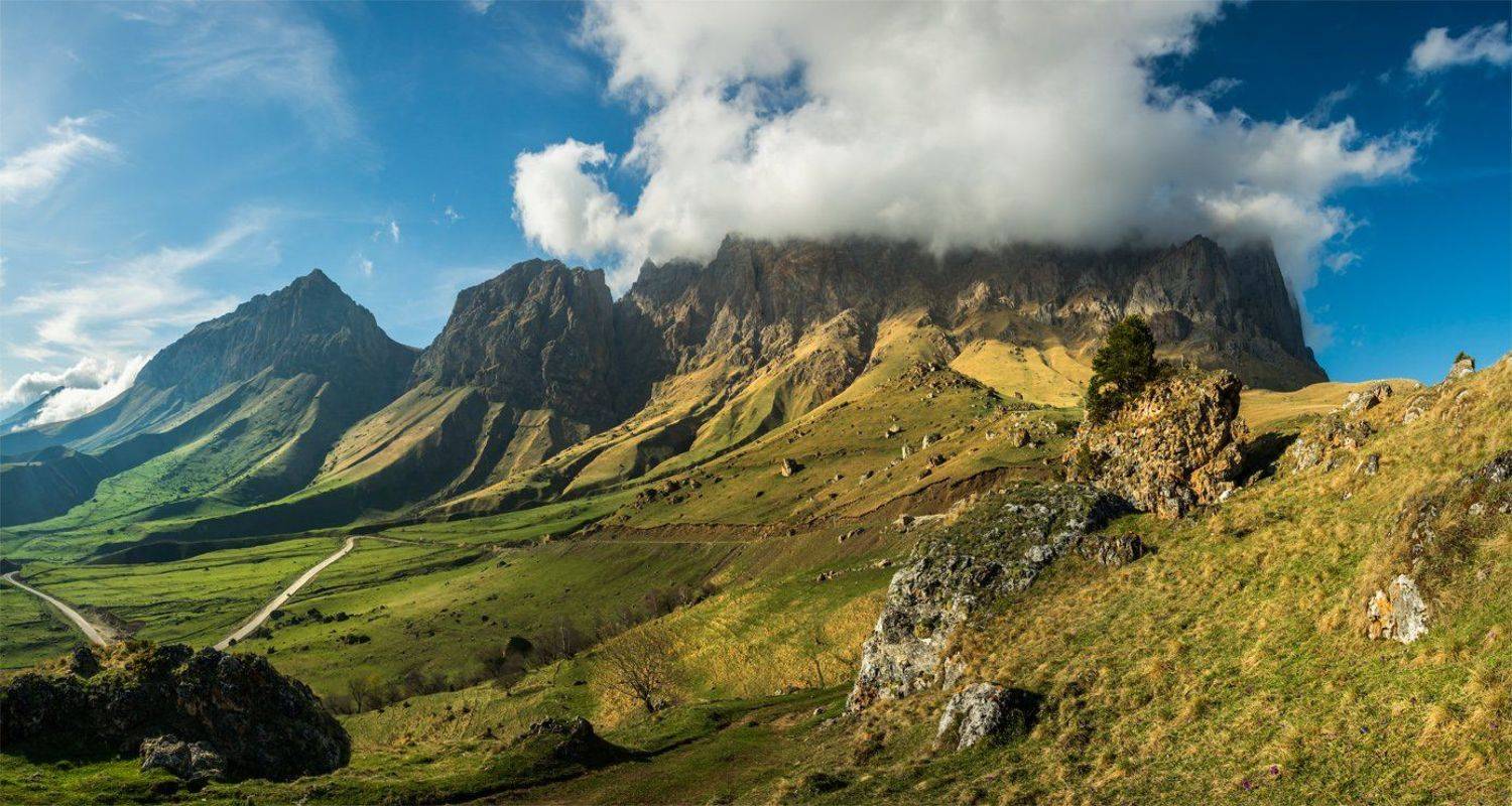 природа, пейзаж, кавказ, горы, весна, вечер, панорама, закат, солнце, небо, облака, свет, Альберт Беляев
