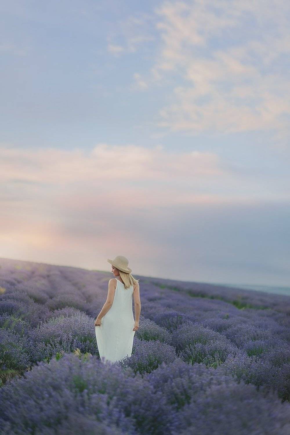 лаванда, поле, девушка, лето, закат, шляпа, свет, Алена Власко
