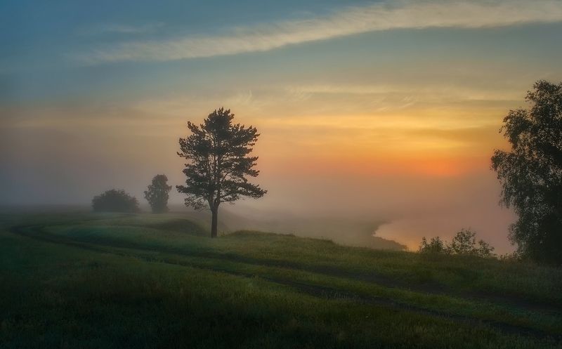 летнее утро,красочный восход солнца,туман,берег озера, Феерия фото превью