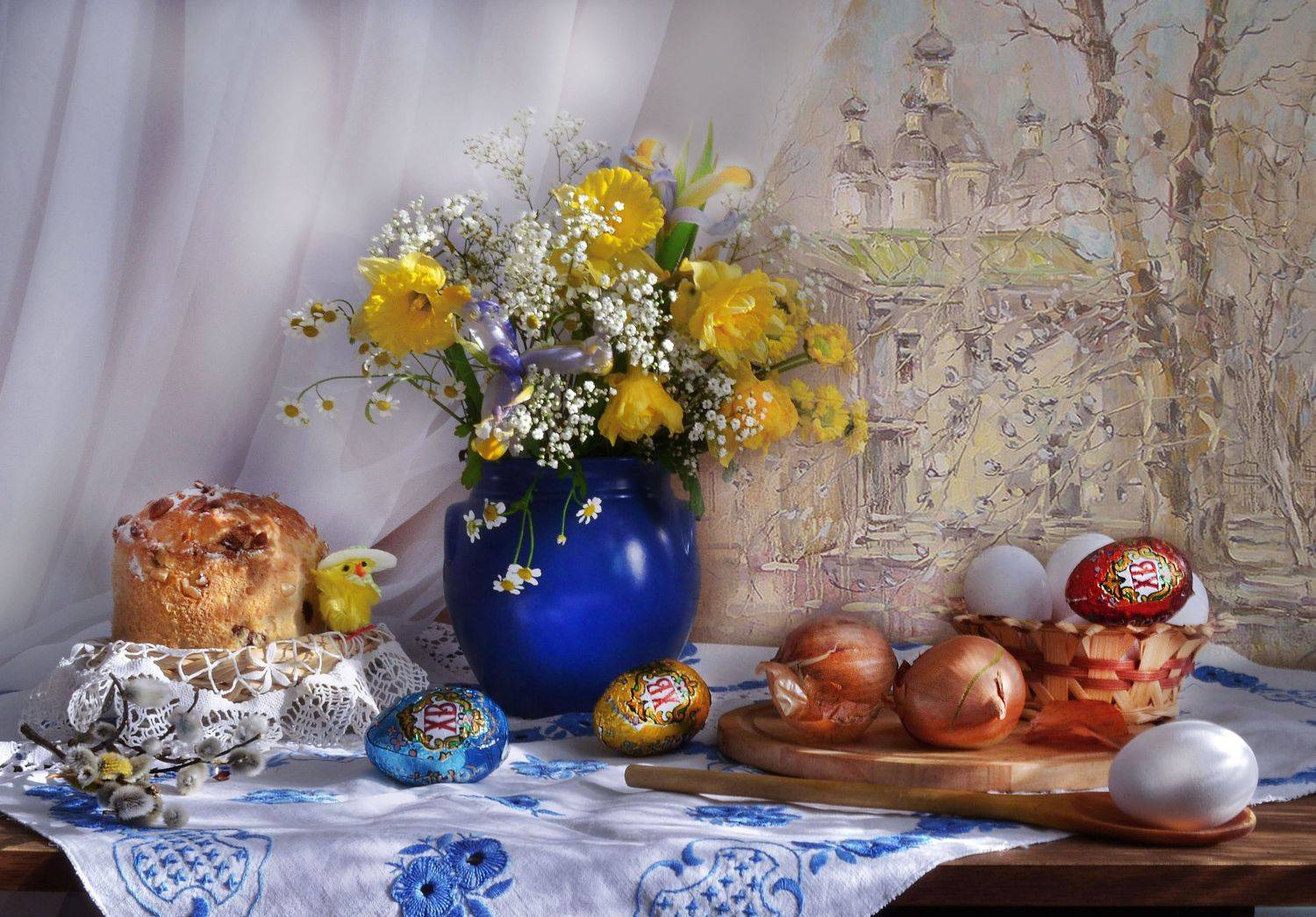 still life, натюрморт, апрель, букет, верба, весна, ирисы, крашенки, кулич, лук, нарциссы, цветы, чистый четверг,картина, маслом, чарина анна. вербное воскресение. двор на самокатной., Колова Валентина