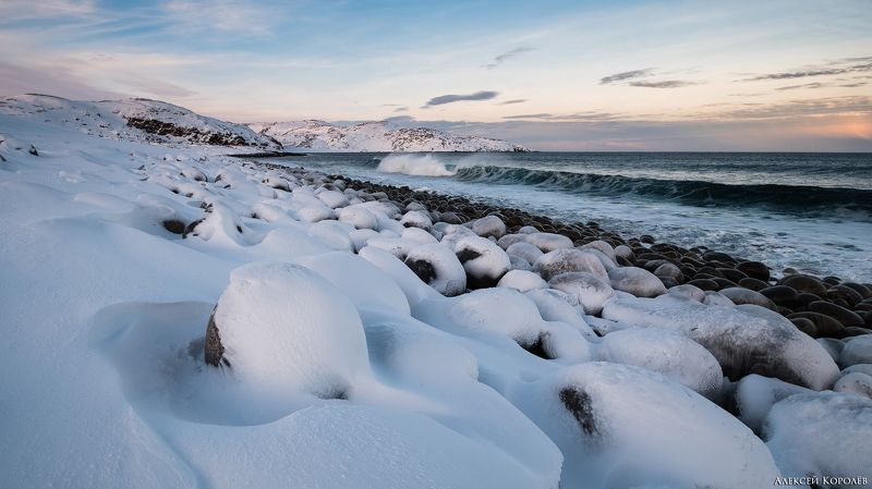 териберка, россия, кольский полуостров, баренцево море, арктика, север, заполярье, море, зима, снег, утро, камни, пейзаж, природа, teriberka, russia, kola peninsula, barents sea, arctic, north, sea, winter, snow, morning, stones, landscape, nature Северное утро фото превью