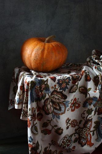 С цветной скатертью, тыквами и котом)