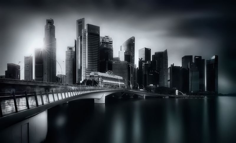 город, архитектура, закат, чб, мост, длинная выдержка Немой фото превью