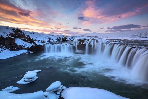 Sunrise & Goðafoss waterfall. Iceland.