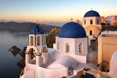 Saint Spyridon Church and Anastasis Church in the Morning, Oia, Santorini, Greece