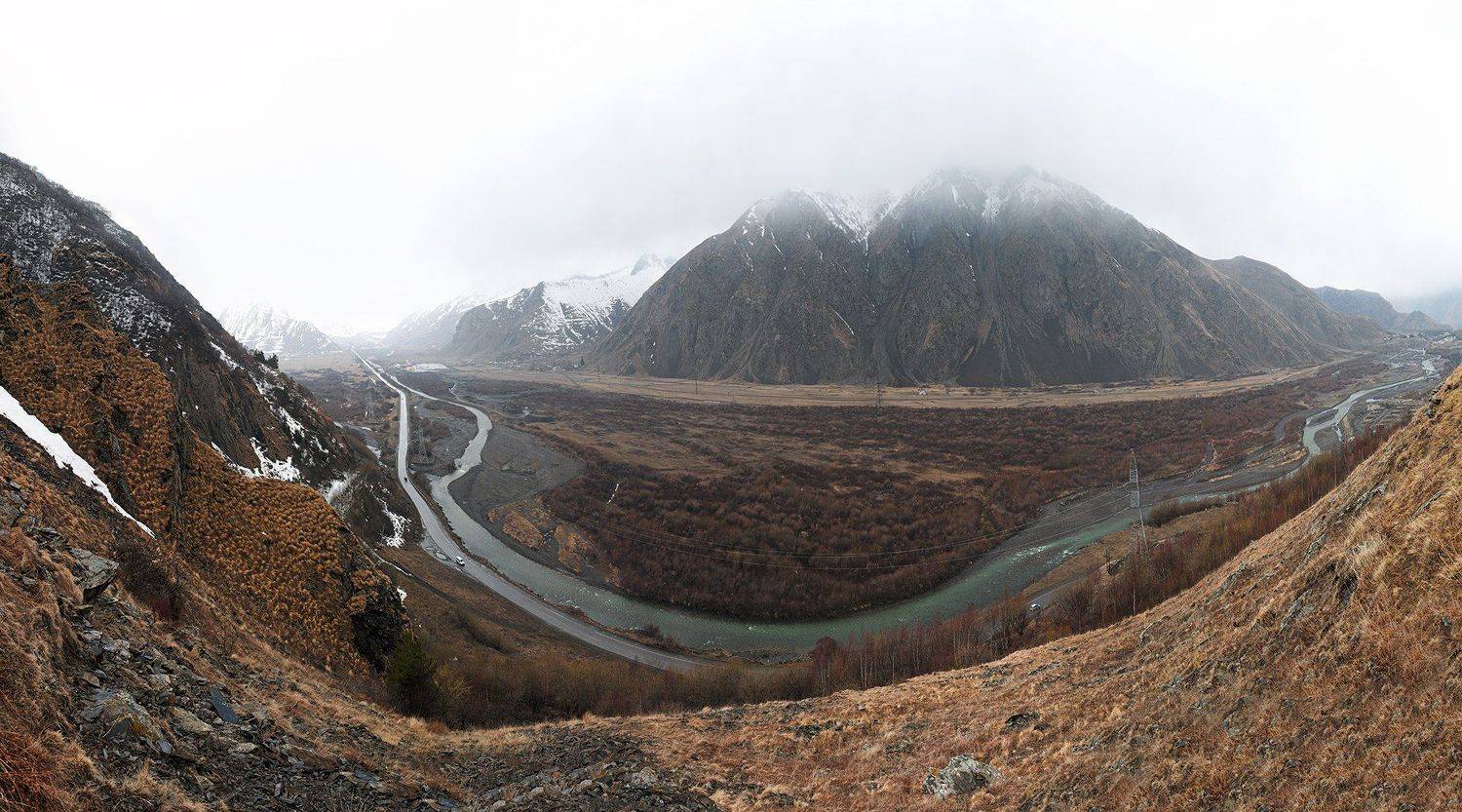 Грузия, Кавказ, Казбеги, Гудаури, горы, гора, горная река, река, весна, снег, туман, склоны, пейзаж, Харланов Никита