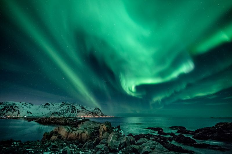 nigh, landscape, aurora, northern lights, norway, lofoten, green, long exposure, hovsund Aurora Borealis фото превью