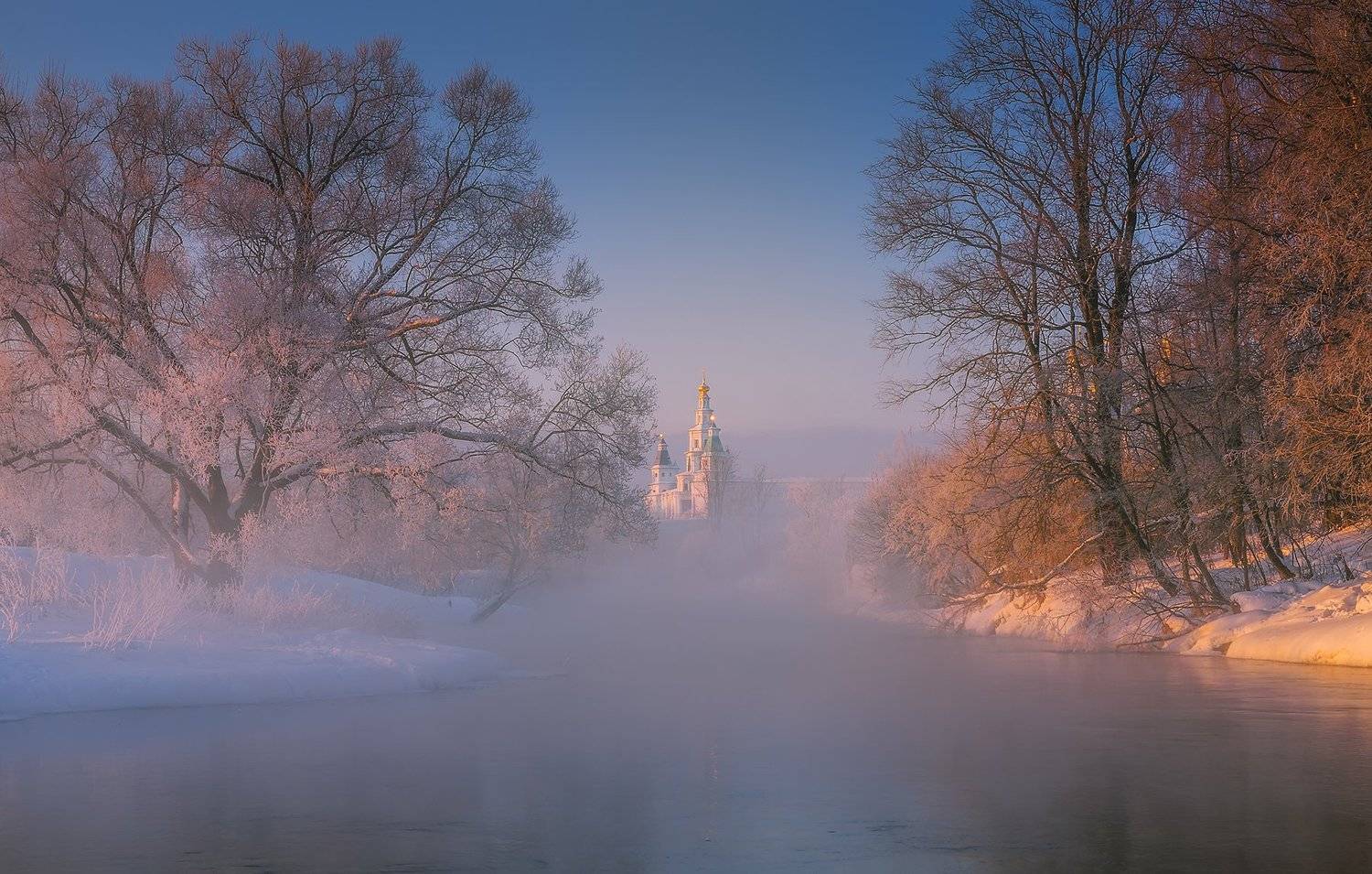 россия, монастырь, природа, утро, туман, иней, рассвет, река, пезаж, Виталий Левыкин