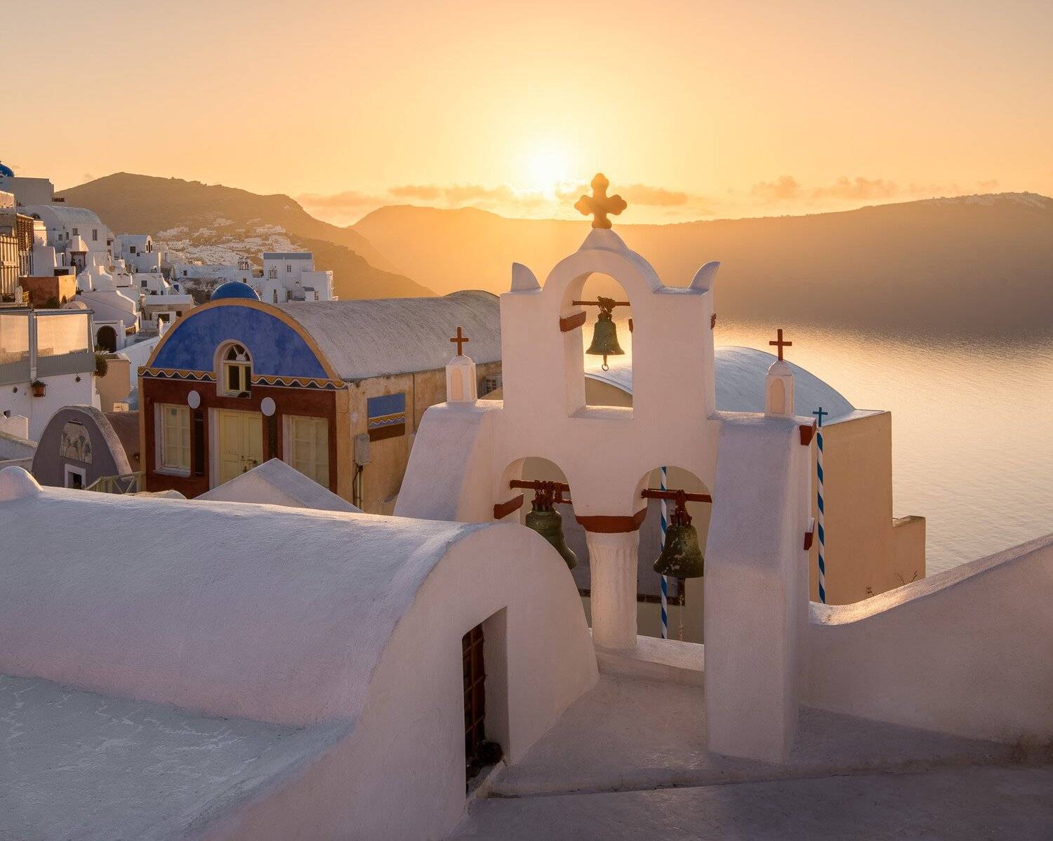 aegean, architecture, bell, blue, building, caldera, chapel, christian, church, city, cityscape, cross, cupola, cyclades, dome, europe, european, greece, greek, history, house, iconic, island, landmark, landscape, mediterranean, morning, oia, orange, red,, Andrey Omelyanchuk