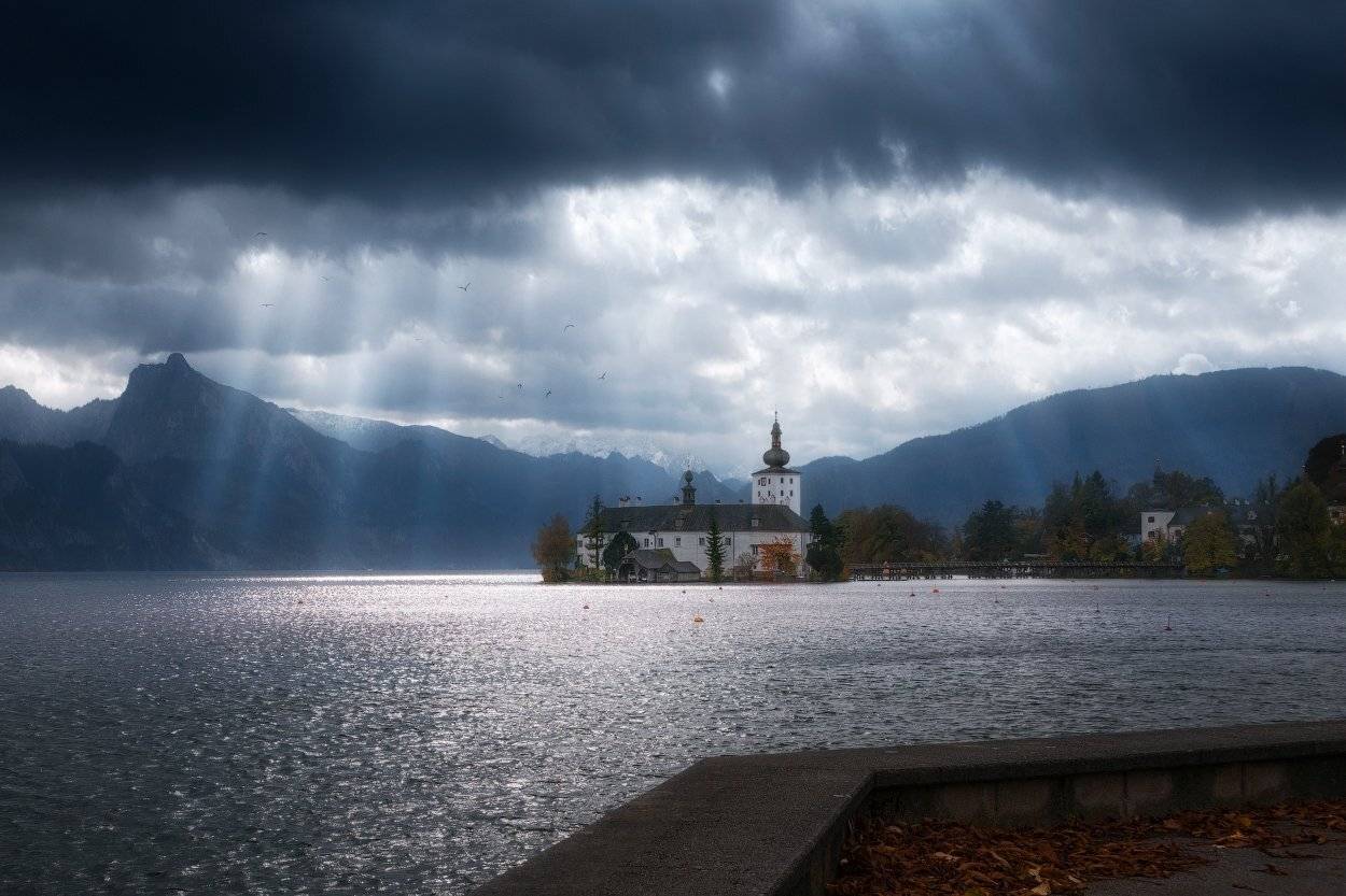 Австрия, Альпы, замок, Орт, озеро, облака, Cтанислав Малых