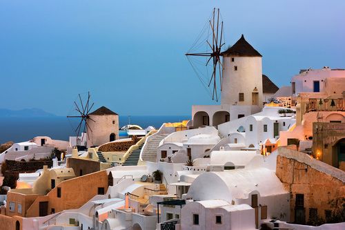 Windmills of Oia Village at Dawn, Santorini, Greece