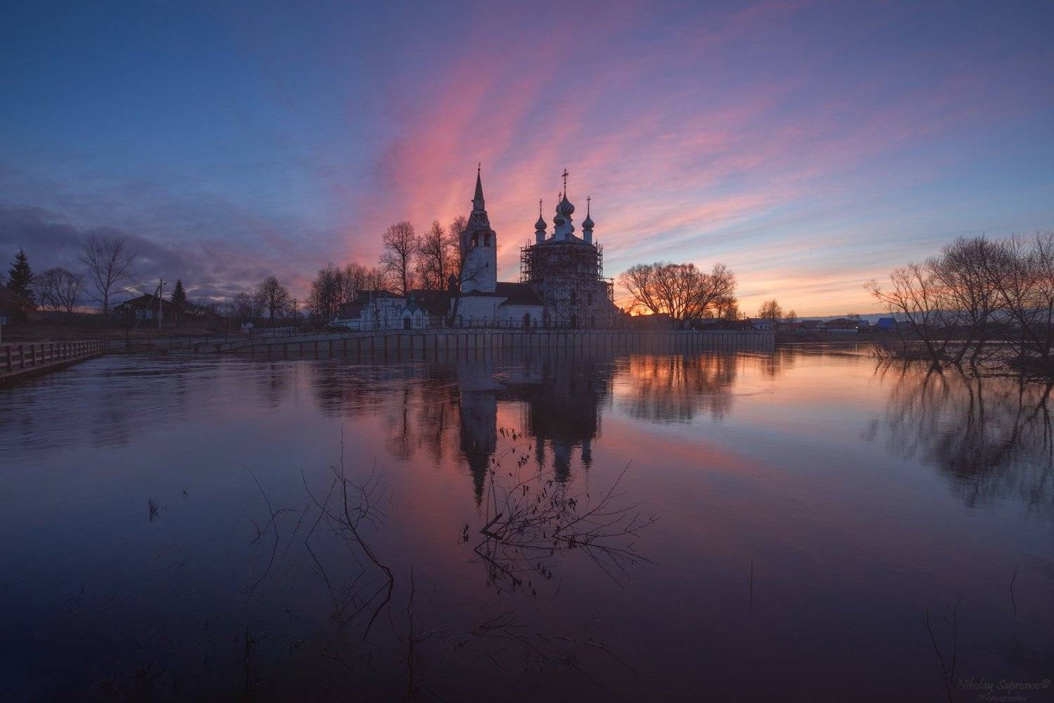 ивановская область, разлив, весна, холуй, храмы, теза, рассвет, мост, заря, Николай Сапронов