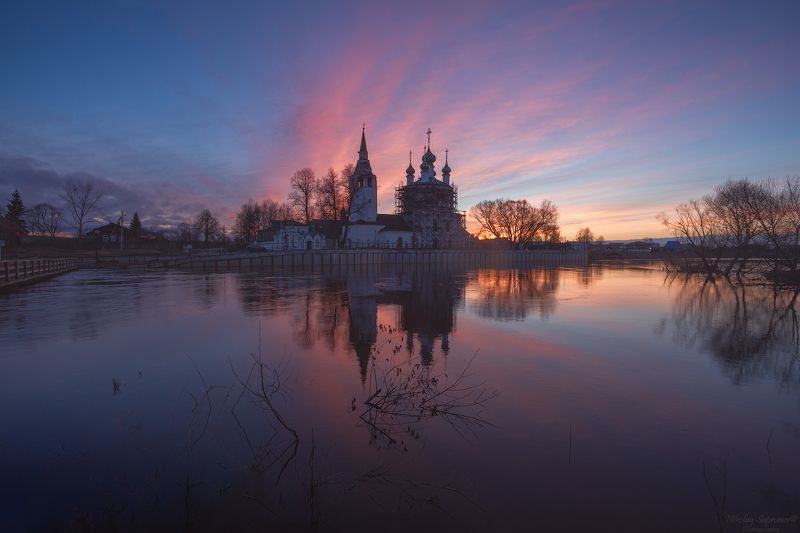 ивановская область, разлив, весна, холуй, храмы, теза, рассвет, мост, заря \