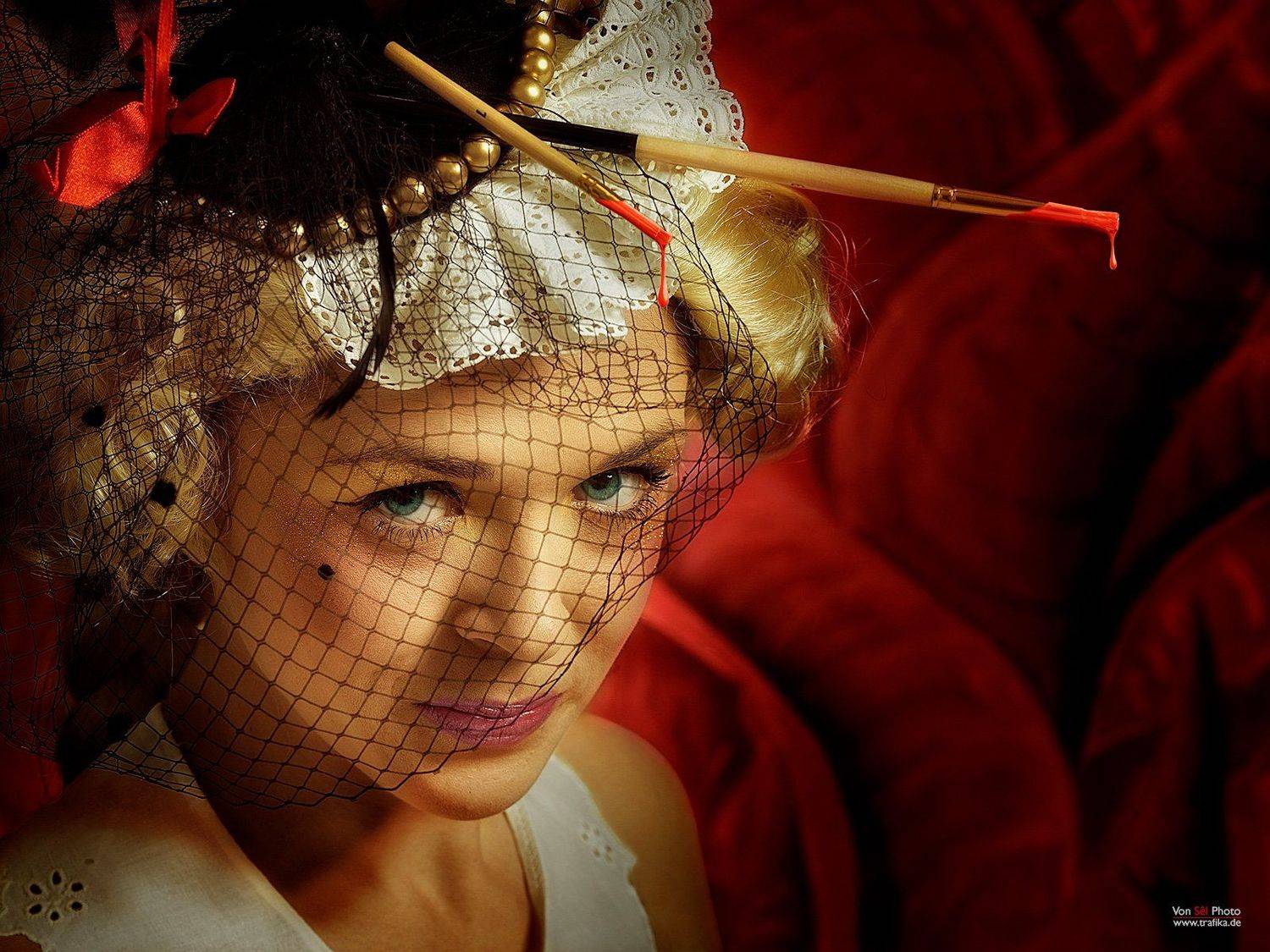 art, head, red, girl, brush, color, Von Sel