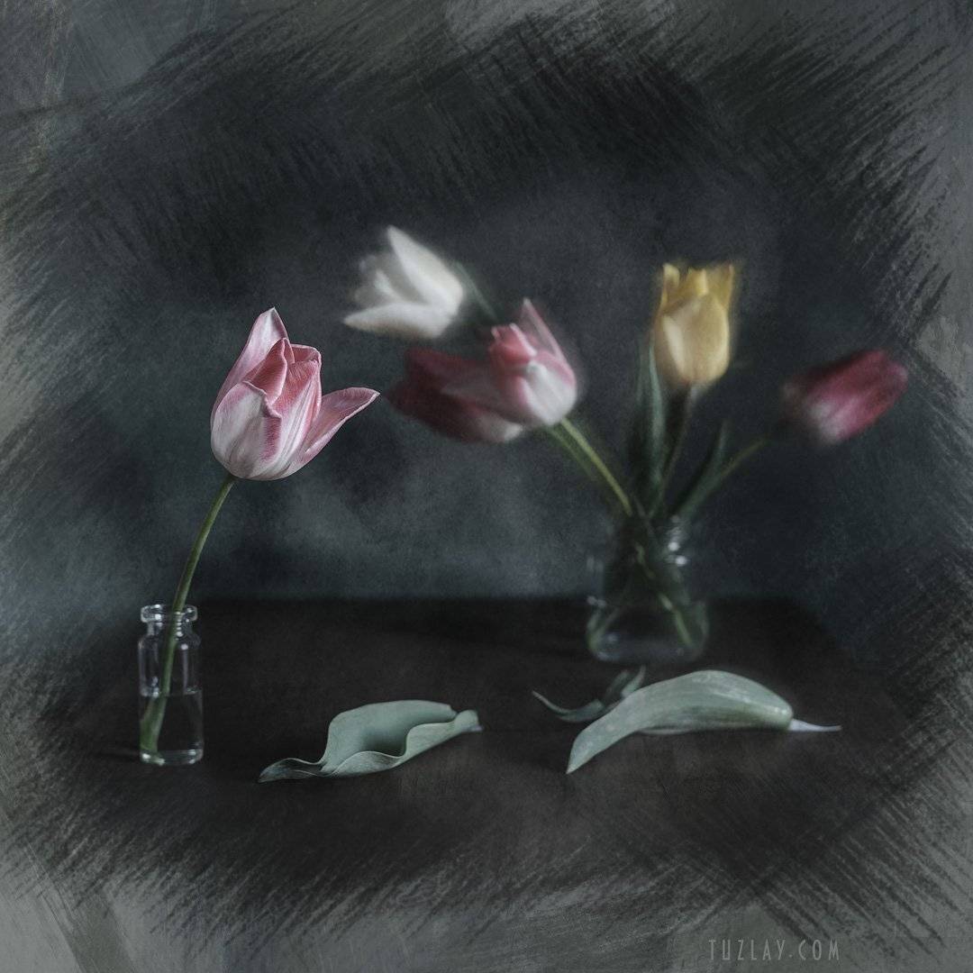 весна во флаконе, пузырек, тюльпаны, для холста, холст, Владимир Тузлай
