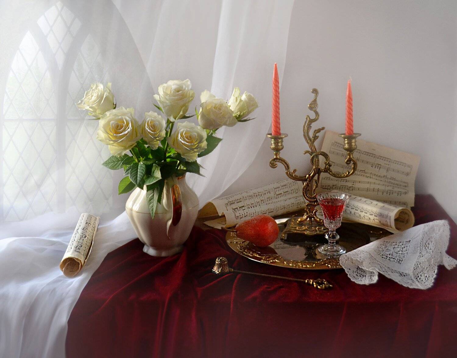 still life, натюрморт, ноты, подсвечник, розы, свечи, стихи, фарфор, фото натюрморт, цветы, Колова Валентина