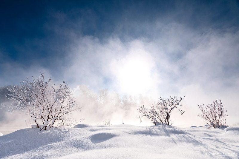 река, вуокса, зима, февраль, пар, туман, иней, солнце, мороз, холод Парение-затмение фото превью
