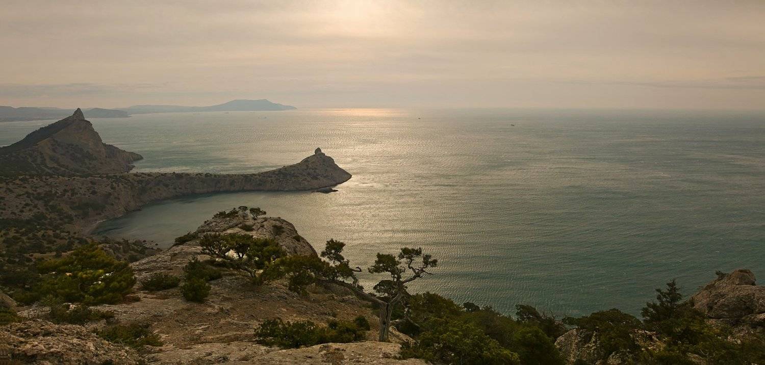 крым, мыс капчик, море, небо, берег, скалы, облака, деревья, растения, природа, пейзаж, панорама,, Сергей Шульга