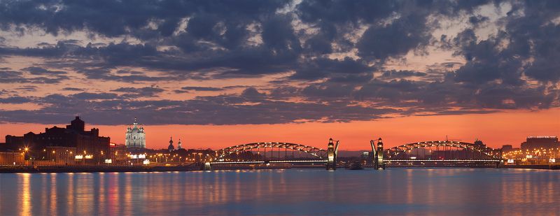 белые ночи, большеохтинский мост, мост петра великого, нева, панорама, разведение мостов, санкт-петербург, смольный собор Мост Петра Великого (Большеохтинский) фото превью