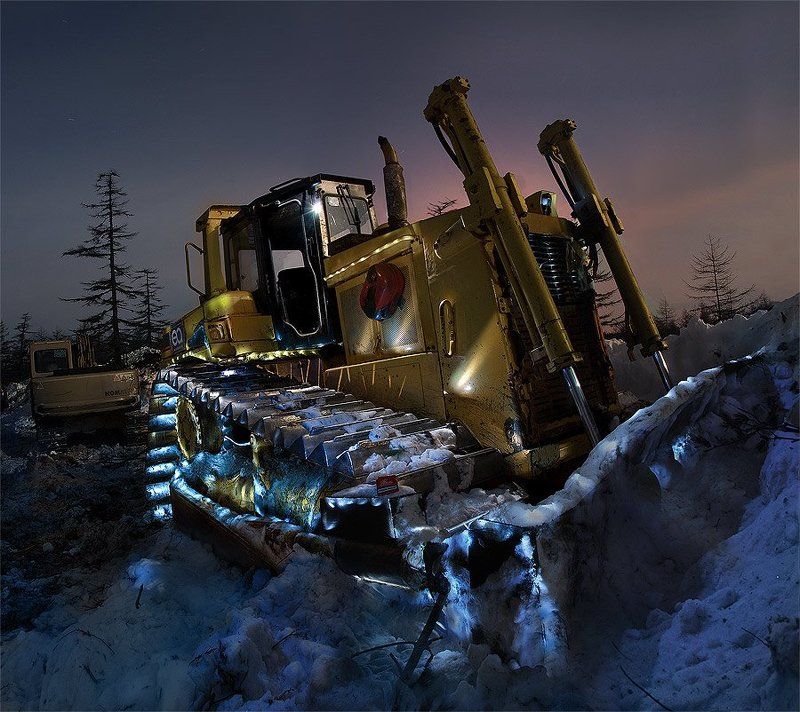 техника, бульдозер, мощность ,ночь \