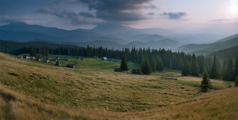 карпаты, лето, природа, пейзаж, , лес, горы, вечер, кукул, панорама тихим вечером фото превью