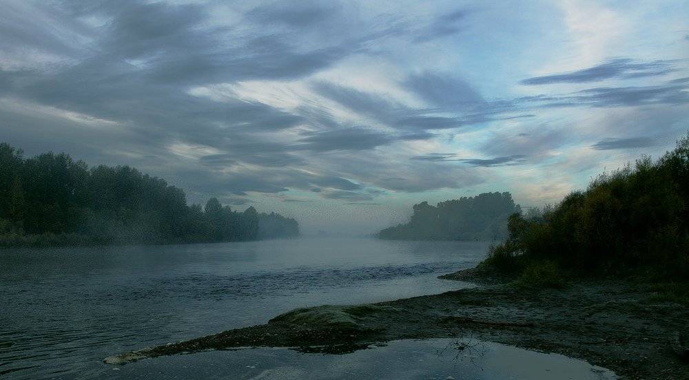 облака, утро, туман, река, Николай Морский
