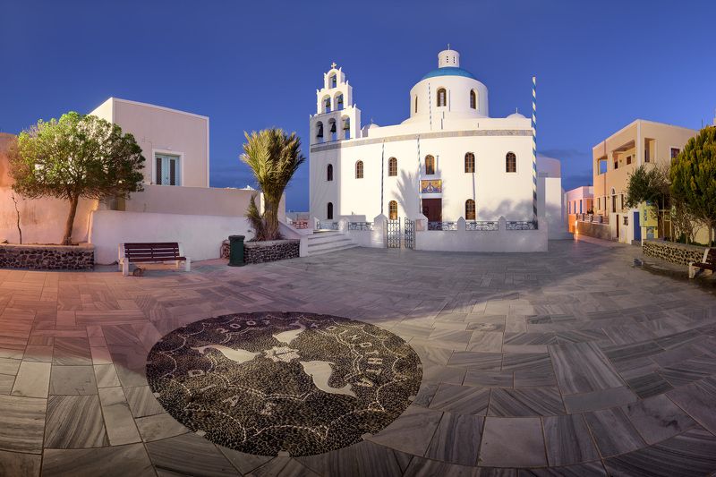 aegean, architecture, belfry, bell, belltower, blue, building, christian, church, city, cityscape, cupola, cyclades, dawn, dome, europe, european, floor, greece, greek, illuminated, island, landmark, landscape, lights, mediterranean, morning, mosaic, nigh Panorama of Panagia Platsani Orthodox Church in the Morning, Oia, Santorini, Greece фото превью