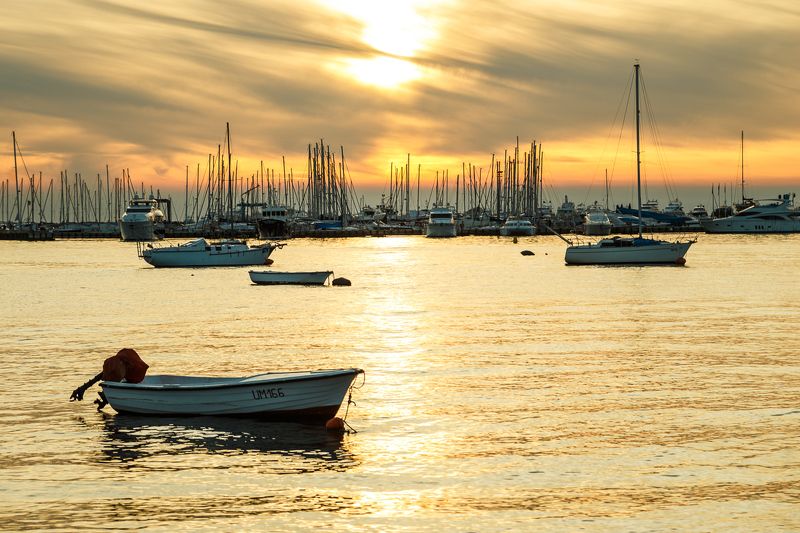sea,umag,europe,boat,ship,landscape,water,sunset,sky,gold,sun Umag harbor фото превью