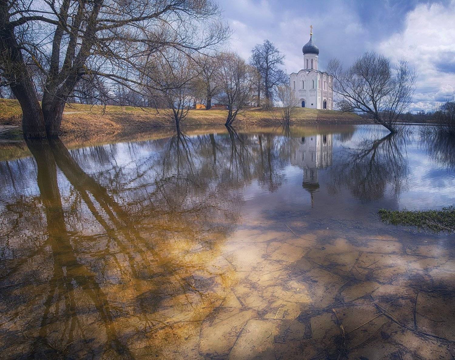 пейзаж,весна,разлив,река,храм, Анатолий Зверев