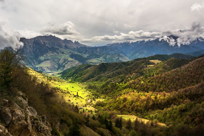 природа, пейзаж, кавказ, горы, весна, вечер, панорама, закат, солнце, небо, облака, свет *** фото превью