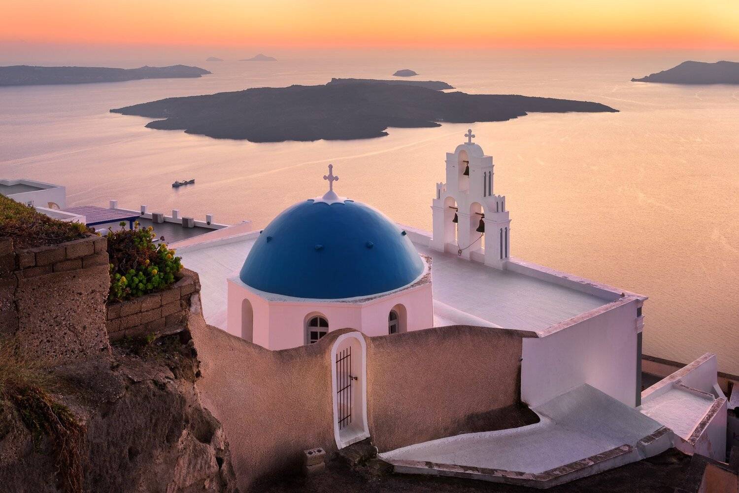 aegean, agios, architecture, belfry, bell, blue, building, caldera, chapel, church, city, cityscape, cross, cyclades, dome, dusk, europe, european, evening, fira, greece, greek, history, iconic, island, landmark, landscape, orthodox, religion, resort, sai, Andrey Omelyanchuk