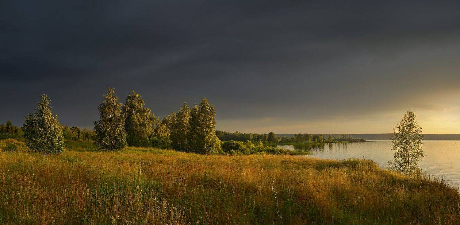 тёплый вечер, закат, небо, тучи, солнечный свет, июнь, Irina Shapronova