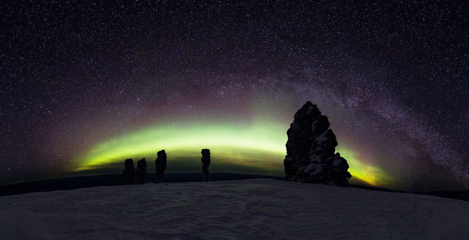 Маньпупунёр, маньпупунер, северное сияние, ночь, звезды, пейзаж, коми, млечный путь, зима, северный урал, Владимир