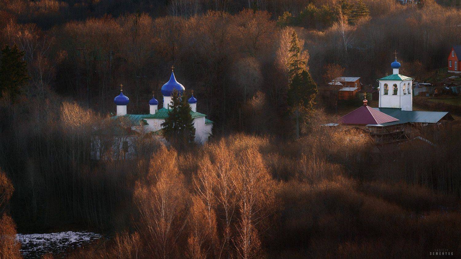 псковская область, мальская долина, зима, закат, монастырь, церковь, старый изборск., Семенюк Василий