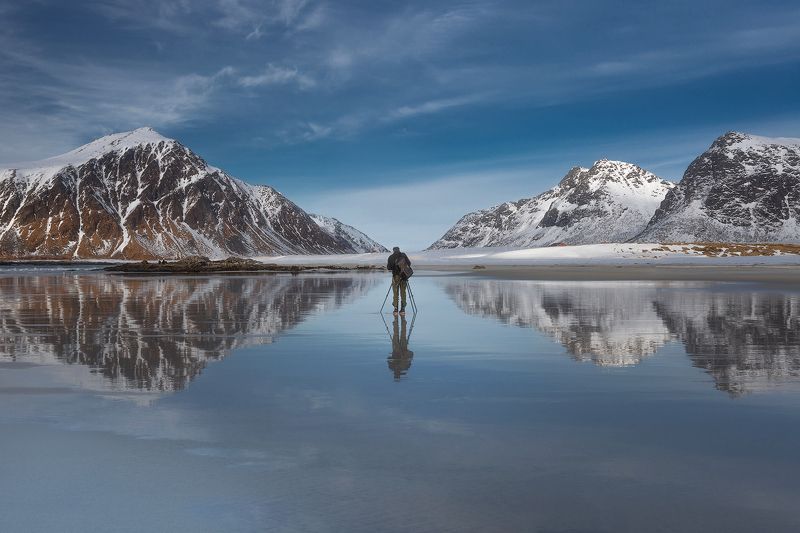 beach, lofoten, mirror, mountains, sea, Norway,  Mirror Flakstad beach фото превью