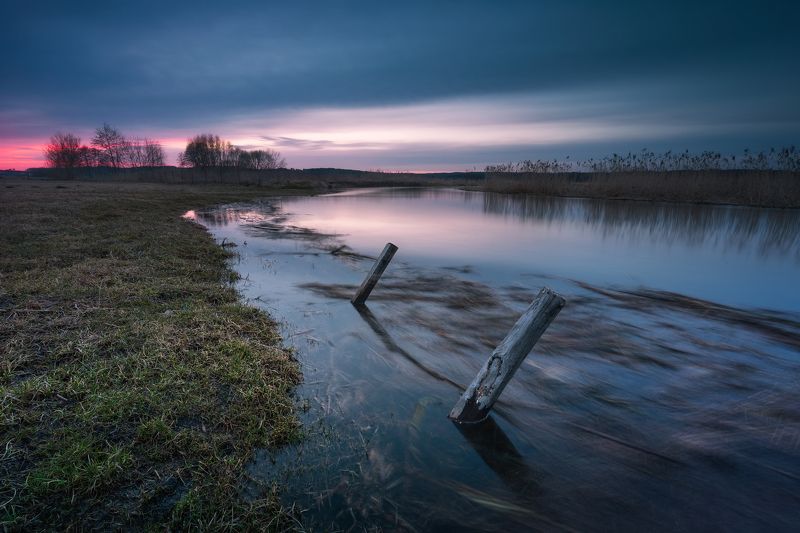 river water clouds long exposure sunset colors magenta sky The spring has come... фото превью